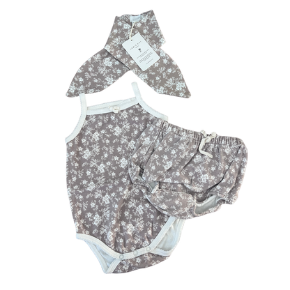Jamie Kay Mauve Floral Bodysuit, Bloomers + Headband Set - size 1