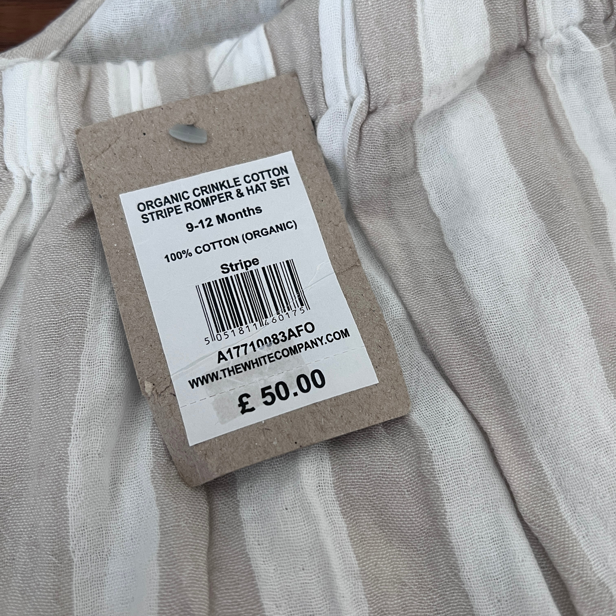 The White Company Crinkle Stripe Romper - size 9-12m