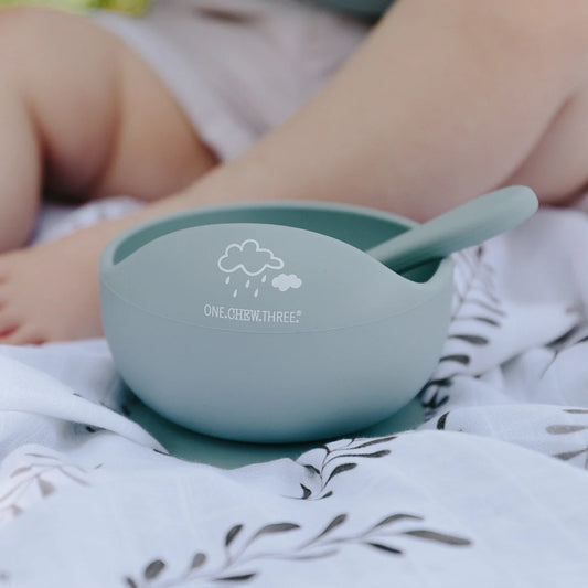 One Chew Three silicone scoop bowl and spoon set - blue clouds image 0