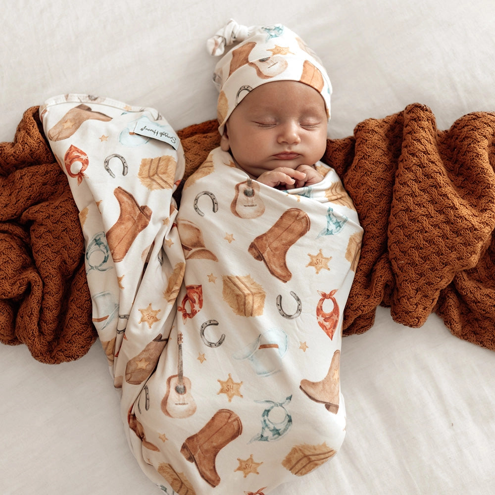 Snuggle Hunny Cowboys organic jersey wrap & beanie set