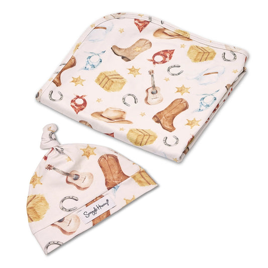 Snuggle Hunny Cowboys organic jersey wrap & beanie set