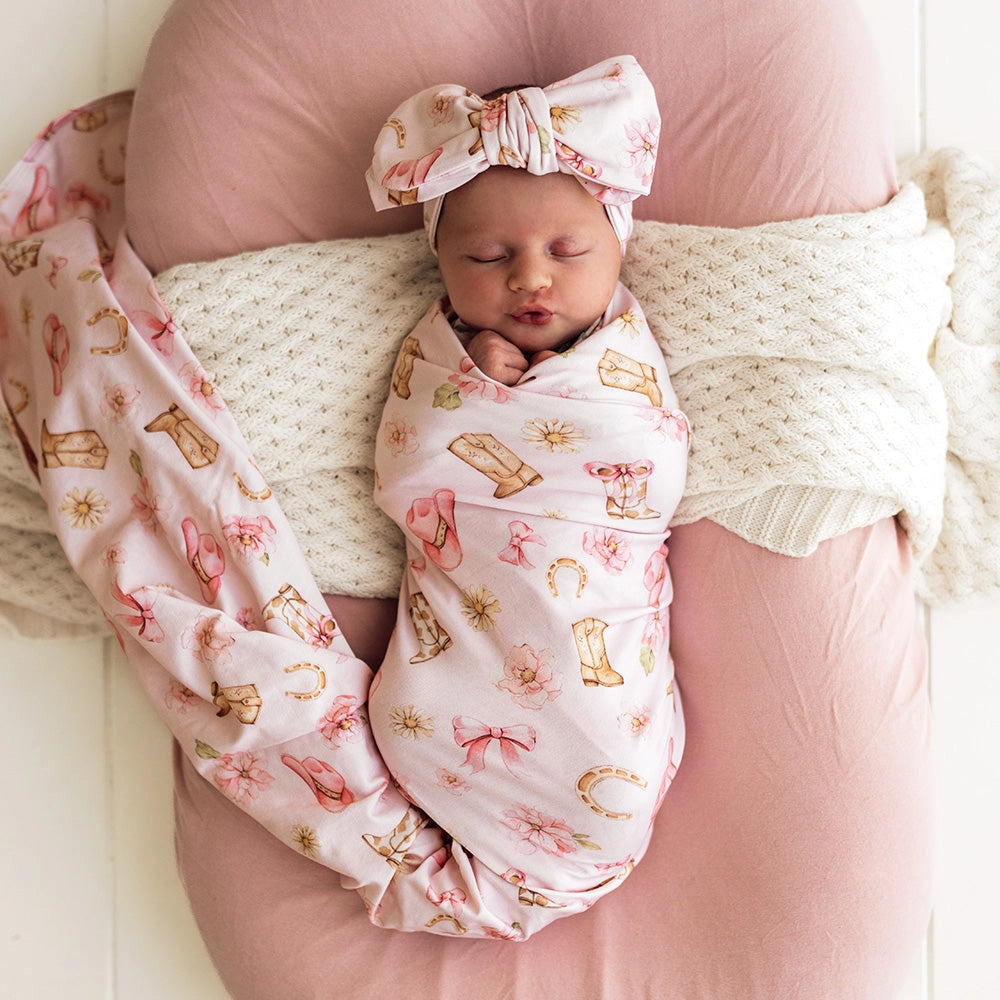 Snuggle Hunny Boots & Bows organic jersey wrap & topknot set