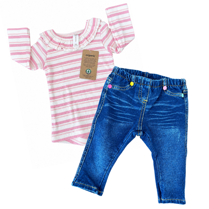 Dymples Organic Frill Neck Rib Tee & Jeans Set - size 000