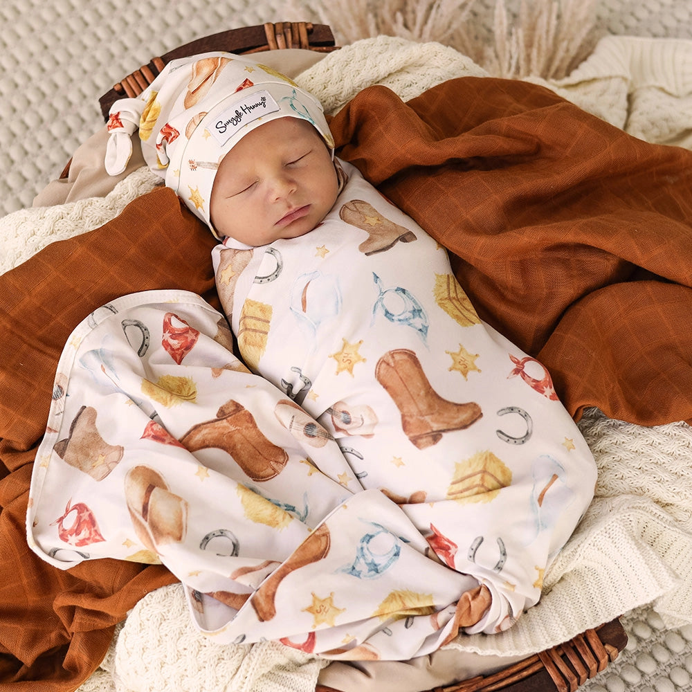 Snuggle Hunny Cowboys organic jersey wrap & beanie set