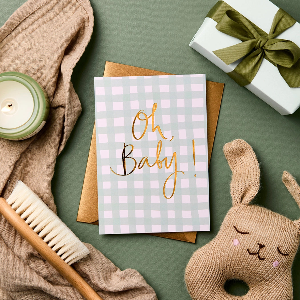 Baby Foil Greeting Card | OH BABY Green Gingham image 1