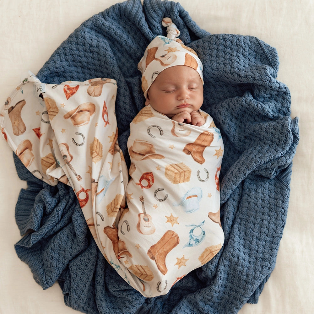 Snuggle Hunny Cowboys organic jersey wrap & beanie set