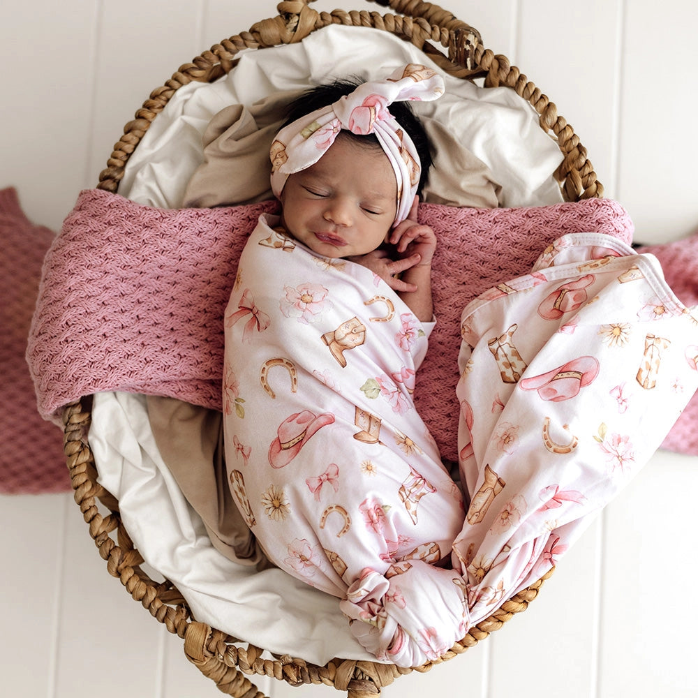 Snuggle Hunny Boots & Bows organic jersey wrap & topknot set