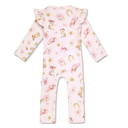 Snuggle Hunny Boots & Bows organic convertible romper with frill