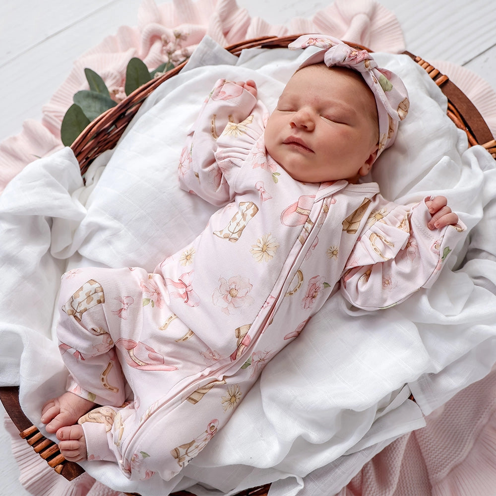 Snuggle Hunny Boots & Bows organic convertible romper with frill