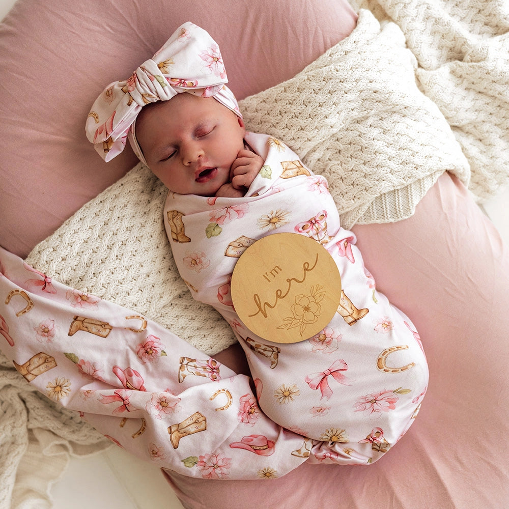 Snuggle Hunny Boots & Bows organic jersey wrap & topknot set