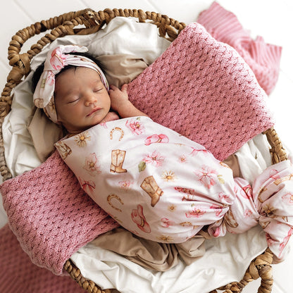 Snuggle Hunny Boots & Bows organic jersey wrap & topknot set