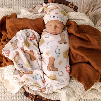 Snuggle Hunny Cowboys organic jersey wrap & beanie set