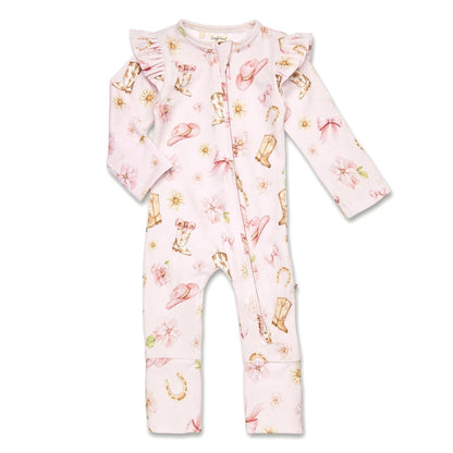 Snuggle Hunny Boots & Bows organic convertible romper with frill
