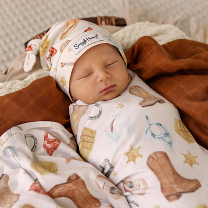 Snuggle Hunny Cowboys organic jersey wrap & beanie set
