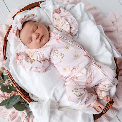 Snuggle Hunny Boots & Bows organic convertible romper with frill