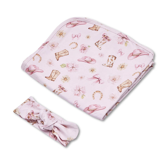 Snuggle Hunny Boots & Bows organic jersey wrap & topknot set